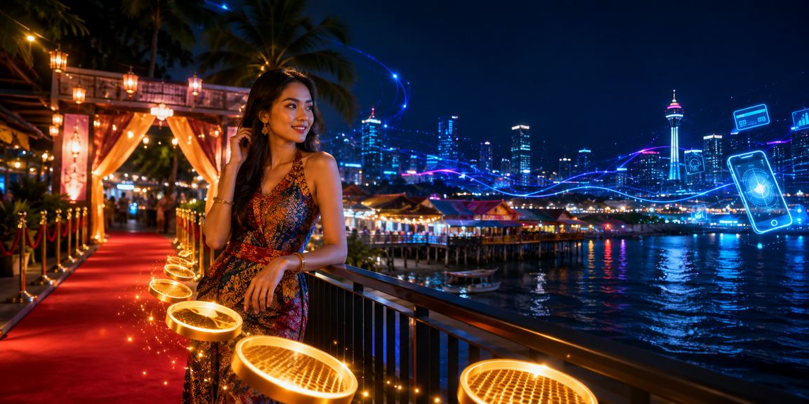 Suasana kasino hiburan Malaysia yang menarik dengan pemain menikmati permainan meja Poker dalam talian